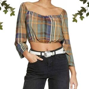 Wild Fable Plaid Puff Ruched Long Sleeve Crop Top